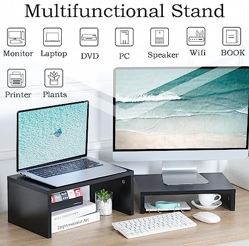 TEAMIX 2-Pack Monitor & Laptop Stand Riser,Wood High-Low Dual Monitor Setup