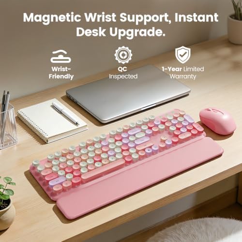 Wireless Keyboard and Mouse Combo, Magnetic Wrist Rest, Round Keycaps, Pink