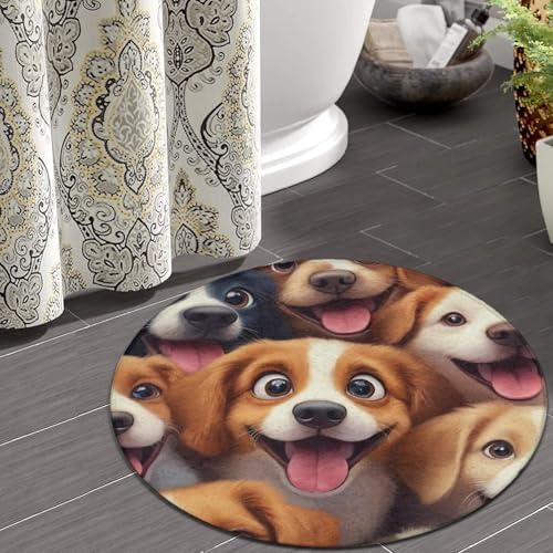 Fashion Round Area Rug Large Non Slip Carpet, Cartoon Selfie Dog Unisex Home Decor Mat