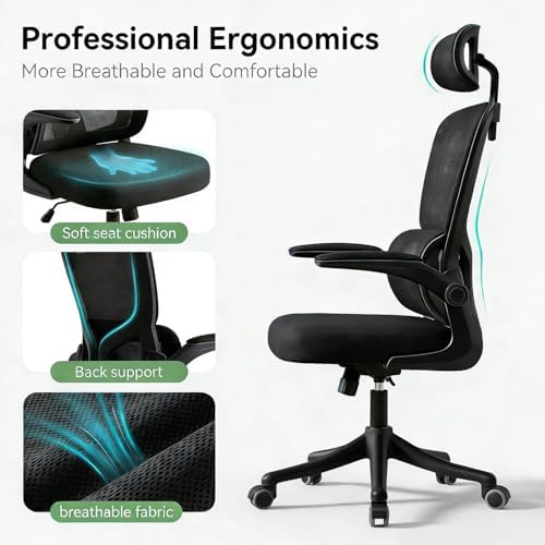 Ergonomic Office Chair with Dynamic Lumbar Support & Adjustable Headrest – High Back Desk Chair with 90° Flip-up Arms, Comfort Mesh Computer Chair for Home Office Long Hours Sitting, Black