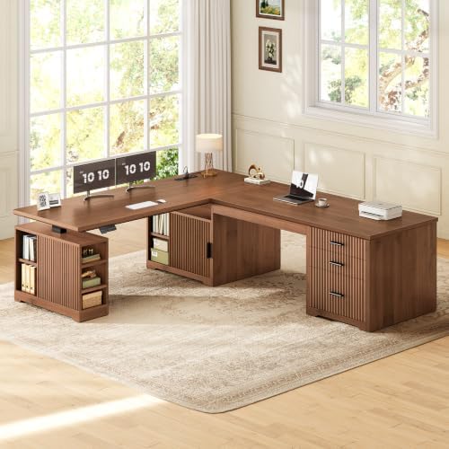 SEDETA Fluted L Shaped Standing Desk with Storage for Home Office, Brown
