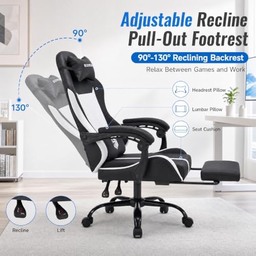 Mid Back Gaming Chair with Footrest, 90°-135° Reclining Computer Chair with Headrest and Lumbar Pillow, Linked Armrests, Height Adjustable 360° Swivel Rolling Office Chair (Black-N)