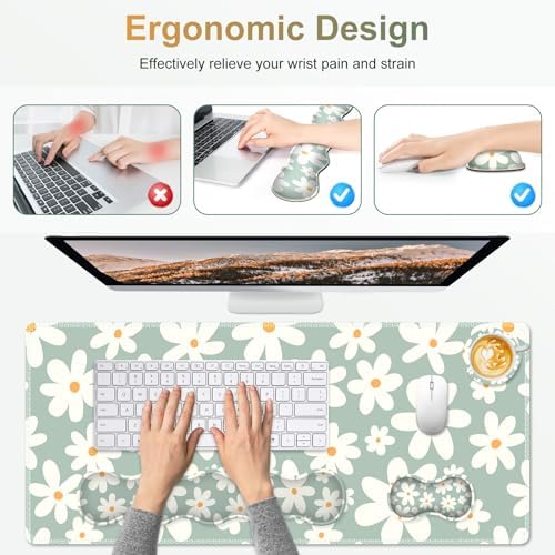 Desk Mat Gaming Mouse Pad, Cute Desk Matt Keyboard Wrist Rest for Desktop, Anti-Slip Big Mousepad Stitched Edges, XXL Large Mouse Pad with Wrist Support for Home Office Computer I Morandi Daisy