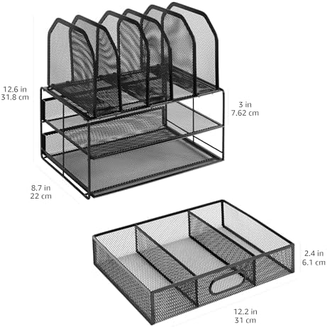 Amazon Basics Mesh Desk Organizer with Sliding Drawer, Double Tray and 5 Upright Sections, File Holder for Office Supplies, Paper Letter Tray, Black