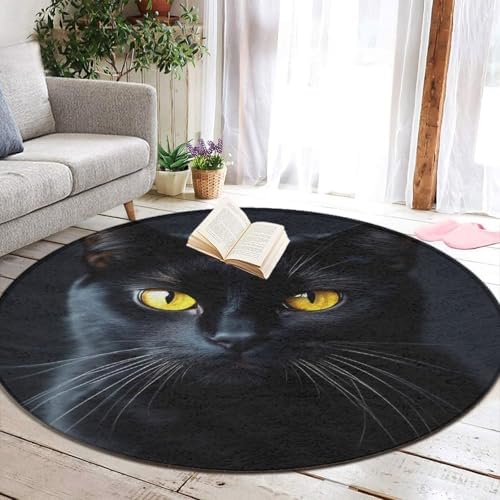 Soft Round Yoga Carpet, Office Chair Decor Round Mat for Carpet and Hardwood Floors Black Cat