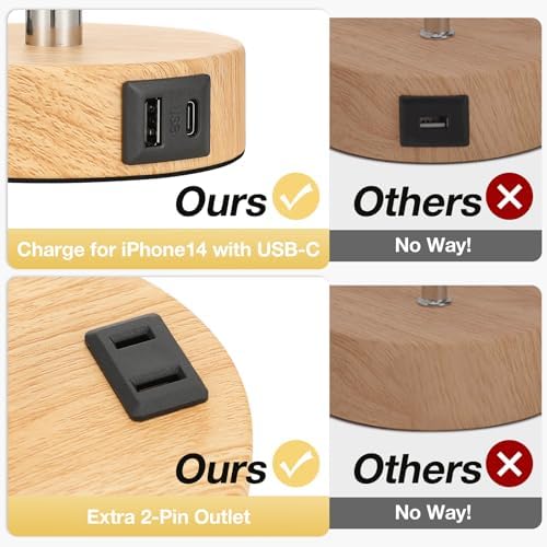 Touch Bedside Table Lamps Set of 2 - Bedroom Lamp with USB A+C, AC Outlet