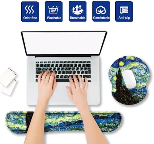 ARTSO Ergonomic Mouse Pad with Wrist Rest, Comfortable Keyboard Wrist Rest, Memory Foam Mousepad for Computer Keyboard, Mouse Pad Set for Easy Typing, Pain Relief, Starry Sky Oil Painting