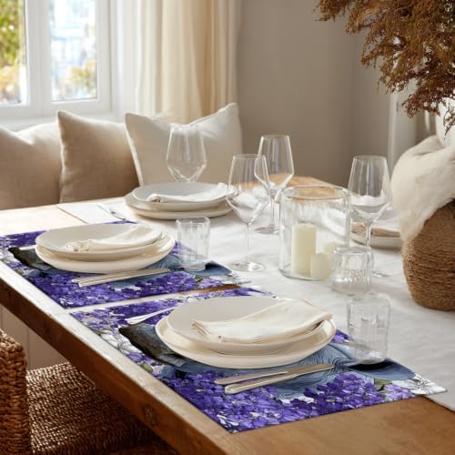 Shrahala Wild Rhinoceros Placemats, in Purple Flowers Table Mat Linen Burlap Washable Double-Deck Heat Insulation for Dining/Kitchen Table Set of 6 (12 X 18 Inch)
