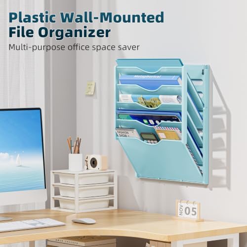 Marbrasse 5 Tier Wall File Organizer, Plastic Hanging File Holder for Mail, Magazines Paper Organizer Wall Mounted for Office Home (Blue)