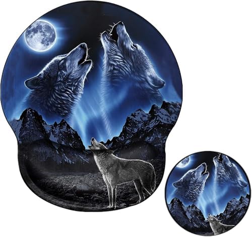 Ergonomic Mouse Pad with Wrist Support Wolf Mousepad Wrist Rest for Pad Gel Carpal Tunnel Relieves Pain Blue Mouse Mat with A Coaster for Computer Girl Work