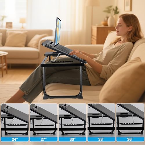 Laptop Bed Desk, Adjustable Lap Desk, Small Laptop Table with USB Charge Port, Desktop Card &Pen Slot, Cup Holder, Foldable Bed Tray Table for Couch Sofa Chair Floor Eating Working