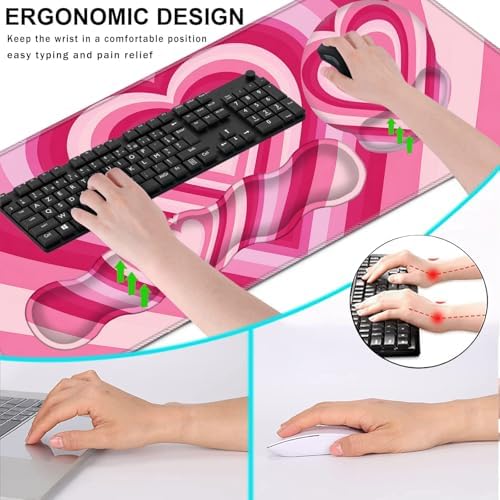 Mouse Pad,Large Pink Desk Mat, 4in1 XXL Mousepad + Keyboard Wrist Rest+Mouse Wrist Rest+Coaster Set with Ergonomic Desk Pad for Home Office Table Computer-Heart Pink