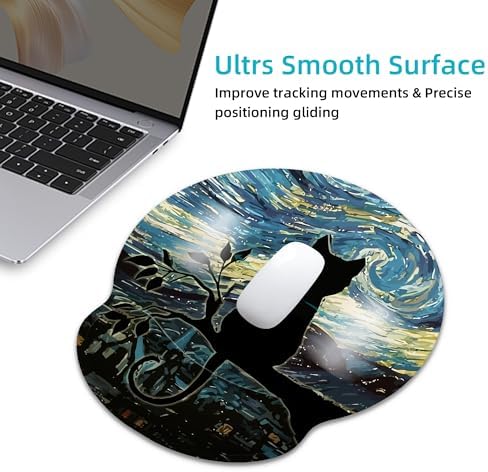 Aesthetic Black Cat Ergonomic Mouse Pad with Wrist Rest for Desk Work
