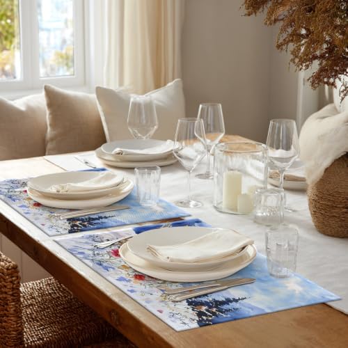 Shrahala Winter Flowers Landscape Set of 8 12 X 18 Inch Linen Placemats, Red Orange Watercolor Poppies Burlap Table Mat Washable Double Layered Heat Insulation for Indoor