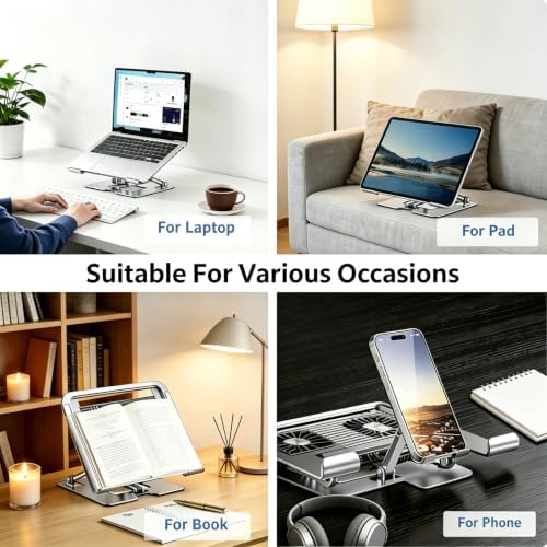 Laptop & Phone 2-in-1 Cooling Stand with Silent Fan, Adjustable Height & Angle, Carbon Steel Foldable Laptop Riser, Gaming Laptop Cooler Pad for Laptops Up to 18 Inch (Silver)