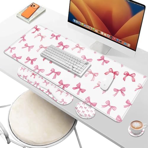 Desk Pad and Keyboard Wrist Rest, Large Mouse Pad + Keyboard Pad+Mouse Wrist Support, Non-Slip Desk Mat Protector for Office, Home 31.5×11.8 Inches Pink Bow