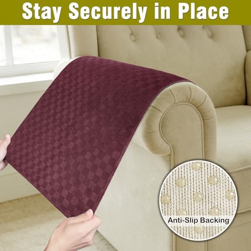 Couch Arm Covers, Sofa Arm Covers, Waterproof Armrest Cover for Sofa, Loveseat, Armchair, Anti-Slip Recliner Arm Cover, Headrest Cover, Arm Chair Covers Set of 2 (Burgundy, 24"×24")