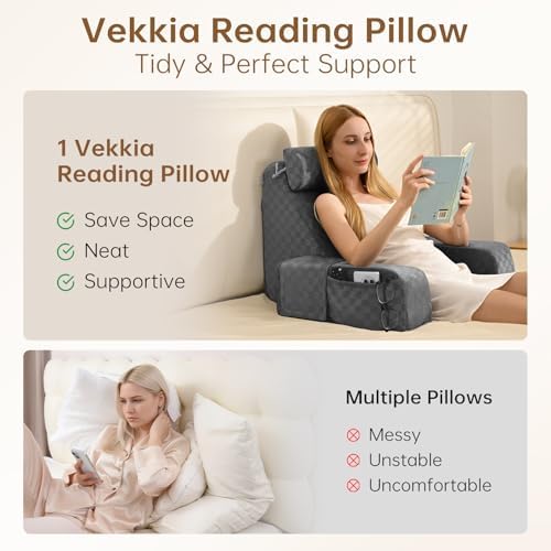 Vekkia 19'' Reading Pillow for Adults with XL Side Pockets, Adjustable Arms
