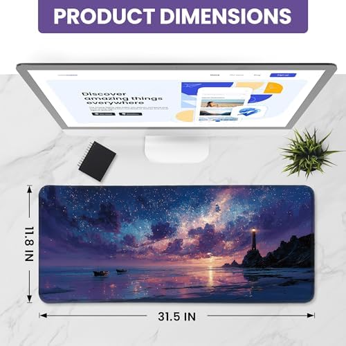 Aesthetic Desk Mat, Cute Luminous Rise Desk Pad Protector for Work & Decor, 31.5" x 11.8", Pretty Non-Slip Extended Mouse Pad for Office or Home