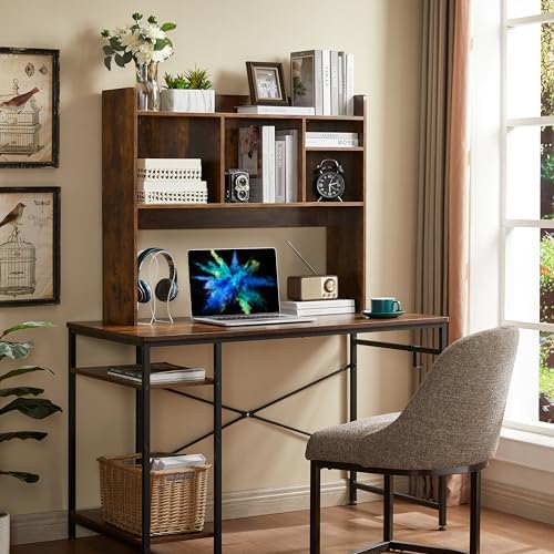 Nromant Desktop Bookshelf, Wooden Desk Storage Hutch with 6 Shelves for Computer Desk, 3-Tier Desktop Display Organizer Rack for Office Home (Brown)