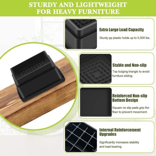 8 Pack Furniture Risers 3 Inch, Adjustable Bed Risers Heavy Duty for Table Desk Couch Chair Sofa Cabinet Bed Frame Dorm, Square Stackable Table Leg Risers Lift Height 1", 2” or 3", Black