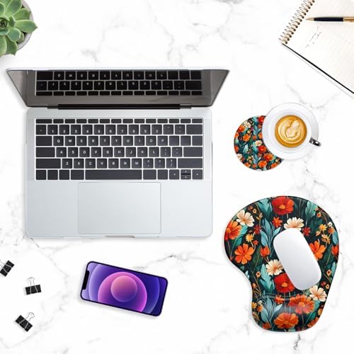 ITNRSIIET Ergonomic Mouse Pad Coaster Set with Gel Wrist Support Wrist Rest Smooth Surface Non-Slip PU Base Comfortable Office Supplies Pain Relief, 9.5 x 8.3 inches, Beautiful Flowers