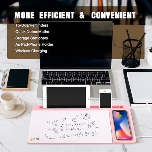 SELEAD Desktop Glass Whiteboard with Wireless Charger and Mirror, Pink