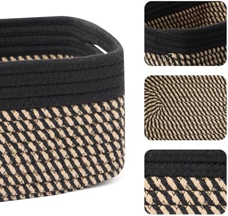MiniArk Small Storage Baskets for Organizing | Closet Organizer Bins | Shelf Toy Basket | Woven Rope Baskets | Cube Decorative Box | Shallow Basket | 13x8.5x5.1” | 3 Packs Black Brown