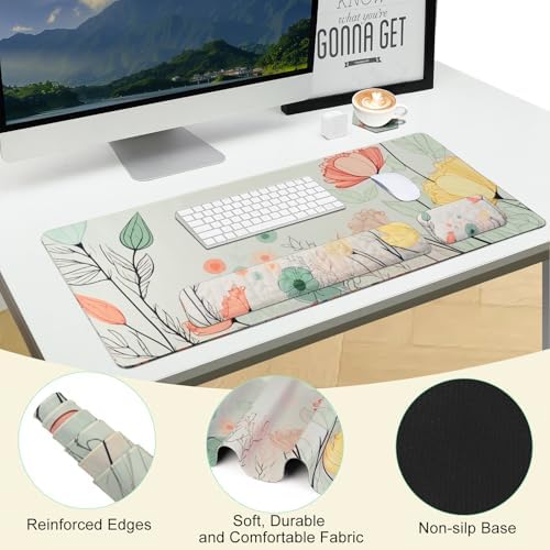 Petmolico 4-in-1 Wrist Rest Set with Desk Pad, Light Brown Big Flower