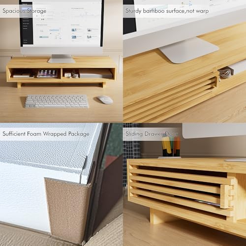 Zri Bamboo Computer Monitor Stand with Drawer, Dual Laptop Stand for Desk,Single Monitor Riser with Storage,Wood Office Desk Organizer & Accessories