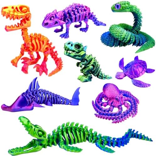 8pcs 3D Printed Dinosaur Skeletons,Octopus,Snake Flexible，Articulated T-Rex Fidget Toys,Large,3D Printed Animals,Desk Toy，Easter Eggs Basket Stuffers,Toys for Boys Kids Teen Girl 4-6 8-12