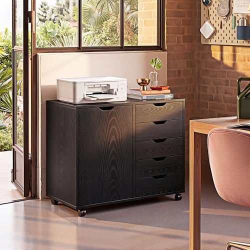 DEVAISE 5-Drawer Wood Drawer Cabinet, Office Storage Cabinet, Black