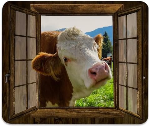 Funny Cow at Rustic Wooden Window Mouse Pad, Farmhouse Durable Desk Mat