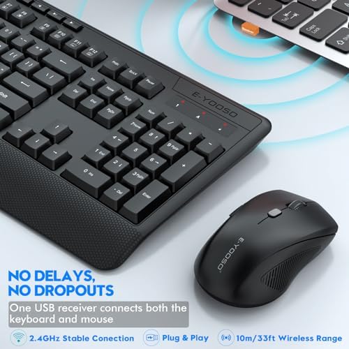 Wireless Keyboard and Mouse Combo, Full Size Ergonomic with Wrist Rest