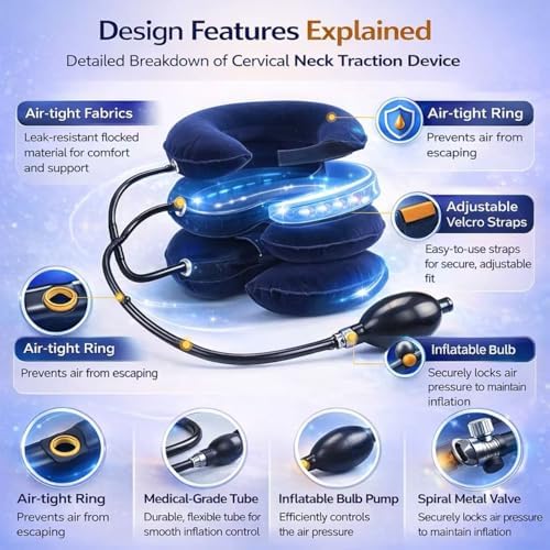 Inflatable Cervical Neck Traction Device, Portable Neck Stretcher for Tech Neck & Office Workers,Travel,3-Tube Adjustable Air Pump Design for Daily Neck Pain Relief & Muscle Relaxation