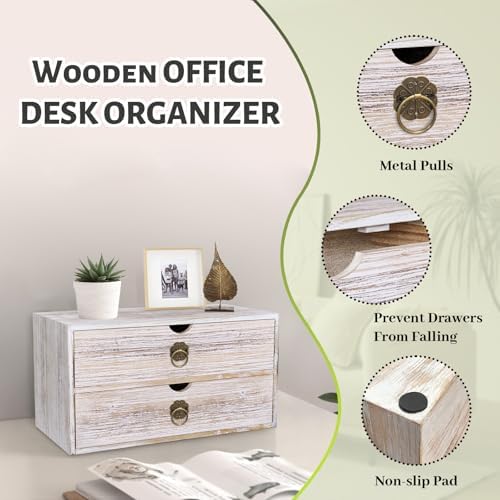 Wood Desk Organizer, Vintage Brown Wooden Desktop Organizer with Drawer, Tabletop Storage Organization Box for Countertop, Home Office Supplies, Bills, 13.3 x 6.5 x 7 Inches(2 Drawer)