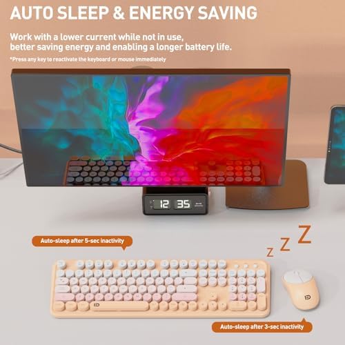 Wireless Keyboard and Mouse Combo,Cute Round Keys,for Long Nail,Orange Pink