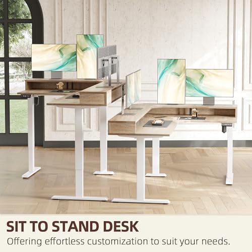 TIQLAB 63'' L-Shaped Standing Desk with LED Light Strip and Power Outlet, Height Adjustable Corner Table with Ergonomic Monitor Stand, Maple