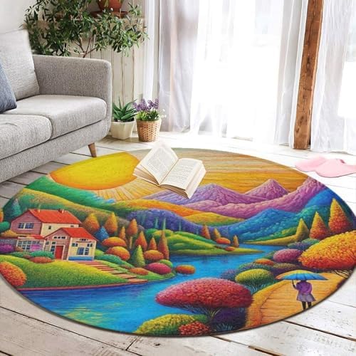 Highly Premium Quality Floor Mat, Office Chair Decor Mat, Room Sofa Yoga Soft Round Carpet Colorful Red Cottage Landscape Art, 24inch