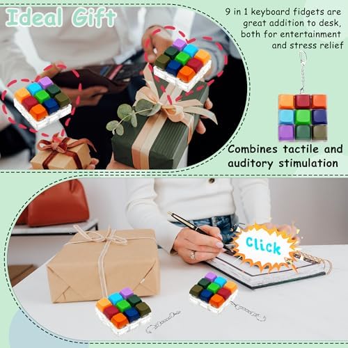 Keyboard Fidget Toy, Keyboard Fidget Keychain 9-in-1 Keyboard Decompression Button Finger Clicker Toys Stress Relief Fidget Gifts (Bright)