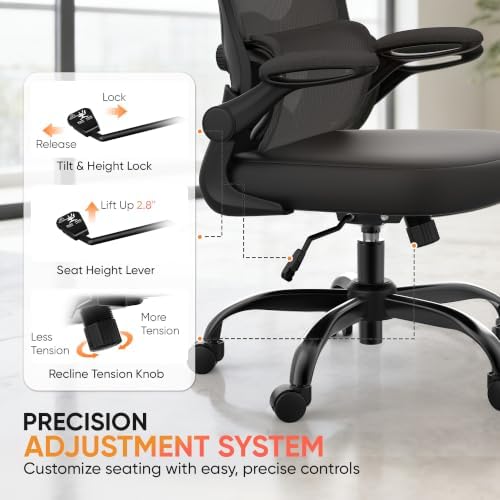 VUSIGN Ergonomic Office Chair, High Back Mesh Desk Chair with Adjustable 3D Headrest & Lumbar Support, Flip-Up Arms, 300lbs Wide Seat Swivel Rolling Computer Gaming Chair, for Home Office - Black