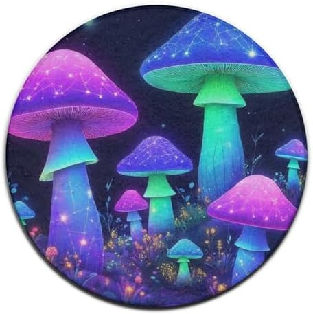Men's Large Home Decor Mat, Soft Round Yoga Carpet, Non Slip Machine Washable Home Office Circle Rug Neon Mushrooms