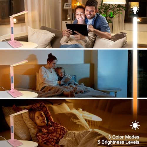 Desk Lamp with Wireless Charger，USB Charging Port, Dimmable Office Desk Light with Clock, Alarm, Date, Temperature, Foldable Lamp for Table Bedroom Bedside Office (Pink, Standard Size-13.3 inch)