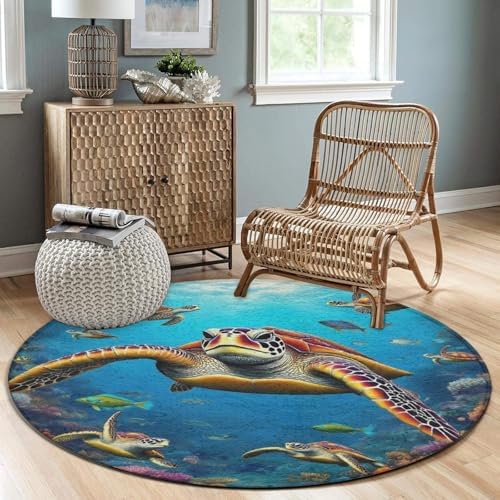 Large Home Decor Mat, Soft Round Yoga Carpet, Non Slip Machine Washable Home Office Circle Rug Sea Turtle