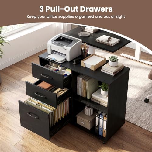 Giantex 3-Drawer Mobile File Cabinet, Rolling Printer Stand with Open Storage Shelves, Under Desk Lateral Filing Cabinet for Letter/A4 Size, Wooden Office Organizer with Wheels for Home Office (Black)