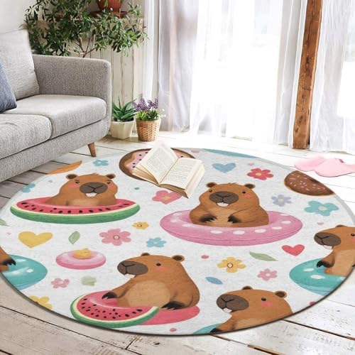 Soft Round Yoga Carpet, Large Home Decor Mat, Non Slip Machine Washable Kitchen Office Circle Rug Cute Capybaras