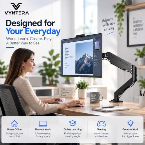Single Monitor Arm Table Mount, Gas Spring Monitor Stand for 17–35" Monitors, 24.25 lbs Heavy Duty Monitor Mount, Full Motion ±80° Tilt & 360° Rotation, VESA 75x75 & 100x100, Clamp & Grommet
