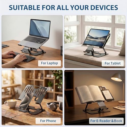 Adjustable Laptop Stand with Phone Holder, Ergonomic Alloy Steel Laptop Riser, Portable & Foldable Computer Stand for Desk, Compatible with MacBook Pro/Air All 10-18" Laptops (Black)