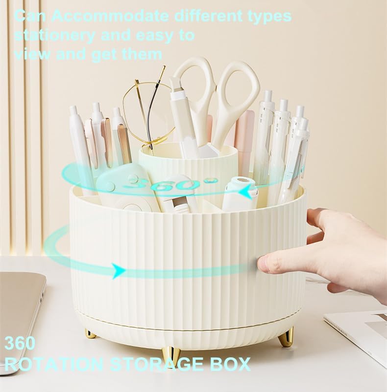 Desk Pencil Pen Holder 5 Slots 360°Degree Rotating Pen Organizers for Desk Desktop Storage Stationery Supplies Organizer Cute Cup Pot Kids Desk Organizer for Office Home School（Cream2）