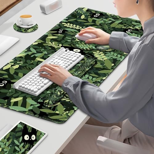 Large Desk Mat, Cute Anime Cats Gaming Mouse Pad, Desk Pad Protector, XXL Mousepad + Keyboard Wrist Rest+Mouse Wrist Rest+Coaster Set with Ergonomic Desk Pad for Home Office PC Computer, Green Leaves